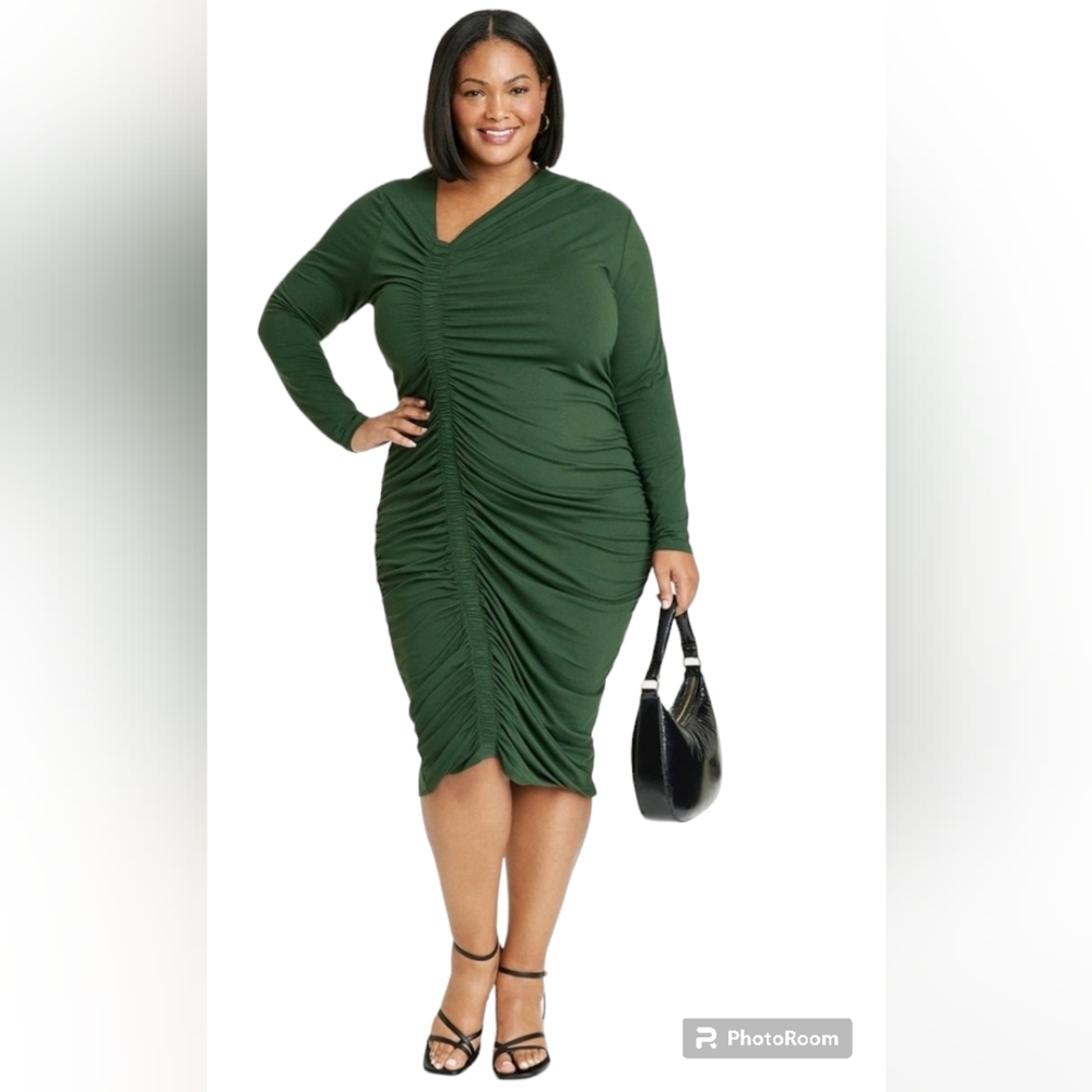 Women's Long Sleeve Asymmetrical Cinched Midi Bodycon Dress - Ava & Viv Green 2X